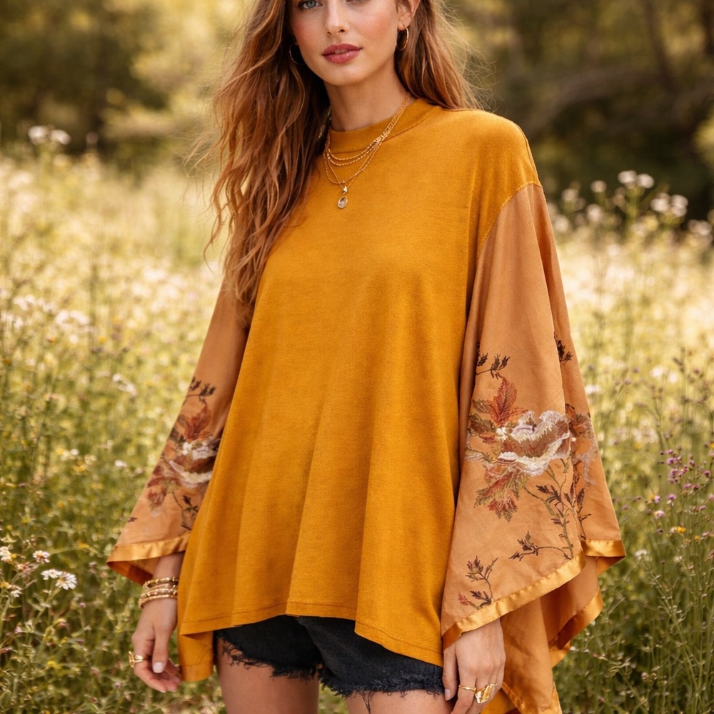 Free People Sydney Tuesday Kimono Embroidered Sleeve Tunic Top Mustard Medium